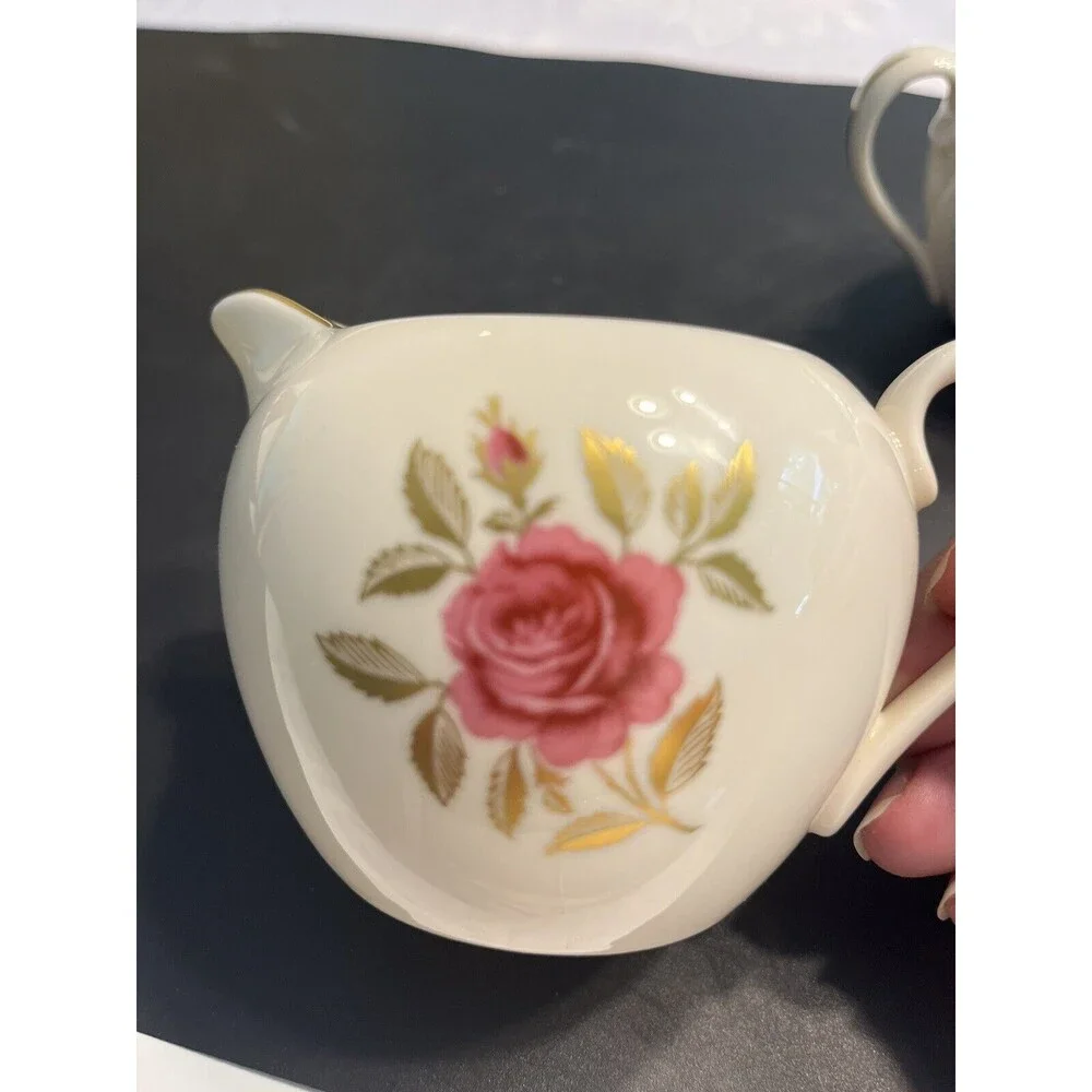 Vintage Lenox Roselyn Floral Pink Rose Gold Trim Creamer & Sugar Bowl w/ Lid